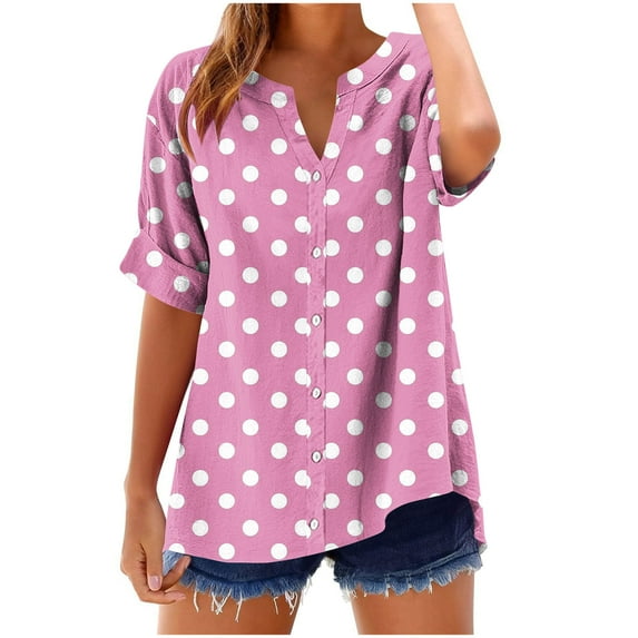 ZQGJB Polka Dot Shirts for Women Casual Summer Short Sleeve Button Down V Neck Graphic Holiday T-Shirts Trendy Vacation Beach Outfit Clothes 2025 Pink L