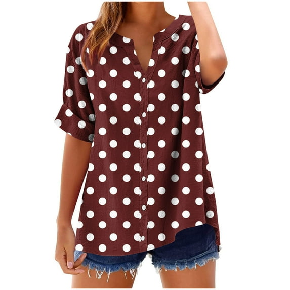 ZQGJB Polka Dot Shirts for Women Casual Summer Short Sleeve Button Down V Neck Graphic Holiday T-Shirts Trendy Vacation Beach Outfit Clothes 2025 Wine M