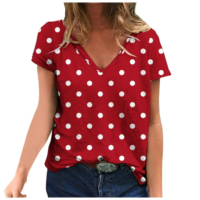 ZQGJB Polka Dot Shirts for Women Summer Short Sleeve Casual V Neck Graphic Tunic Blouse Loose Fit Oversized Baggy Pullover Tops Red XXL