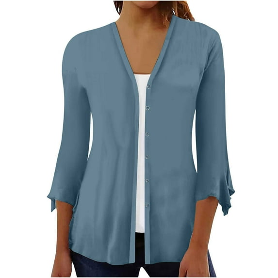 ZQGJB Puff Sleeve Open Front Cardigans for Women Trendy Solid Color 3/4 Length Sleeve Button up Pullover Sweaters Loose Lightweight Thin Jackets Light Blue XXL