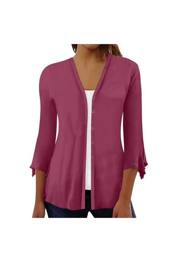 Puff Sleeve Open Front Cardigans for Women Trendy Solid Color 3/4 Length Sleeve Button up Pullover Sweaters Loose Lightweight Thin Jackets Purple S