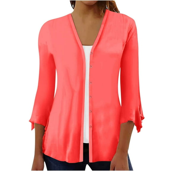 ZQGJB Puff Sleeve Open Front Cardigans for Women Trendy Solid Color 3/4 Length Sleeve Button up Pullover Sweaters Loose Lightweight Thin Jackets Watermelon Red S