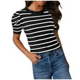 thumbnail image 1 of ZQGJB Puff Sleeve T-Shirts for Women Casual Striped Pattern Print Summer Short Sleeve Round Neck Tunic Blouse Loose Lightweight Comfy Pullover Tops Black M, 1 of 7