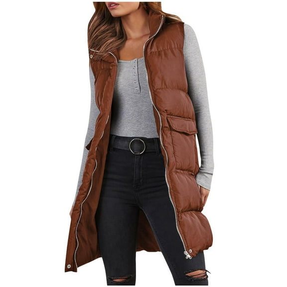 ZQGJB Puffer Vest for Women Long Down Hooded Vest Womens Sleeveless Down Parkas Full Zip Up Jacket Winter Plush Thick Warm Coats with Pockets Brown L