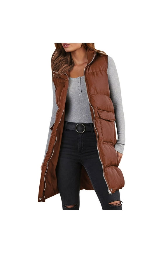 Puffer Vest for Women Long Down Hooded Vest Womens Sleeveless Down Parkas Full Zip Up Jacket Winter Plush Thick Warm Coats with Pockets Brown M