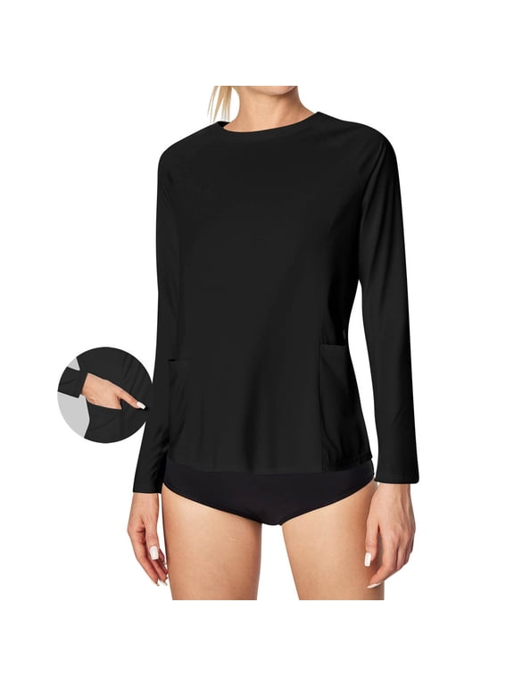 Rash Guard for Women UPF 50+ SPF UV Protection Long Sleeve Workout Tops with Pockets Quick Dry Hiking Swim Shirt Black L