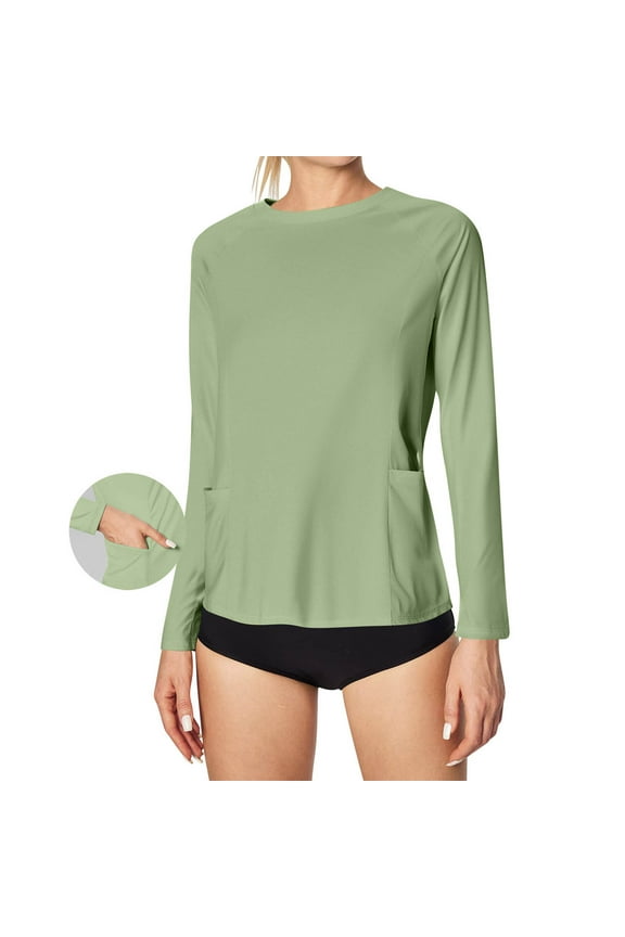 Rash Guard for Women UPF 50+ SPF UV Protection Long Sleeve Workout Tops with Pockets Quick Dry Hiking Swim Shirt Mint Green L