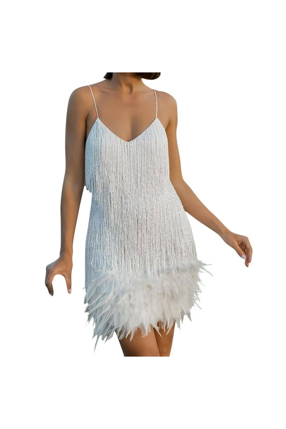Cocktail Dresses for Women Sequin Feather Sleeveless Spaghetti Straps Backless Prom Party Club Dress Fashion Solid V Neck All-Over Fringe Sexy Bodycon Mini Dress #01-White L