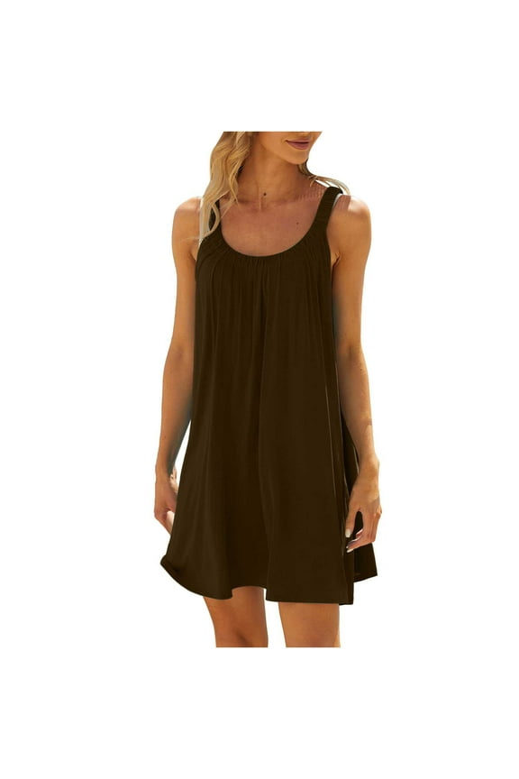 Womens Beach Cover Up Tank Dress Casual Vacation Beach Outfit Solid Color Summer Cover Up Dress with Pockets Loose Flowy Tunic Sun Dress Brown XXL