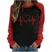 ZQGJB Reduce Valentines Day T-Shirts for Women Raglan Long Sleeve ECG Print Pullover Tops Casual Crewneck Sweatshirts Loose Comfy Graphic Tees Shirt Blouse(Black,XL)