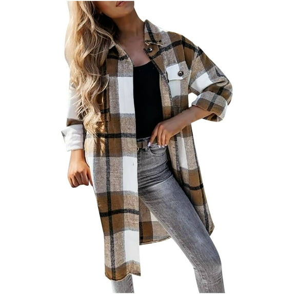 ZQGJB Womens Casual Plaid Shacket Wool Blend Button Down Long Sleeve Corduroy Shirt Fall Jacket Shackets with Pocket(Khaki,XL)