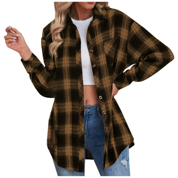 ZQGJB Women's Fall Winter Plaid Flannel Shacket Jacket Long Sleeve Lapel Button Down Shirt Loose Coat Outwear Tops with Pockets(Khaki,L)