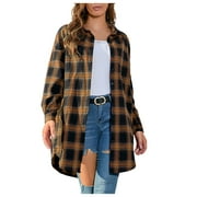 ZQGJB Rollbacks Womens Flannel Plaid Shirts Oversized Long Sleeve Button Down Shacket Jacket Casual Lattice Long-Mid Blouse Tops Outerwear Coat(Brown#01,XL)