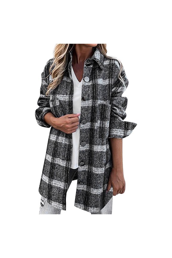 Womens Plaid Jacket Long Sleeve Lapel Button-Down Flannel Shirts Wool Blend Shacket Coat Casual Tops Outwear with Pocket(Gray,M)