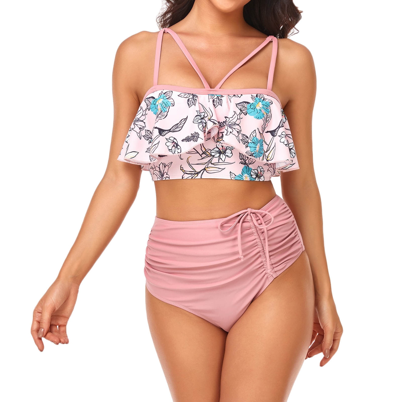 ZQGJB Ruffle Two Piece Swimsuit for Women Summer Cute Floral Print Lace Up  Wrap Padded Swimwear High Waist Bathing Suit Ruched Beachwear Set(Pink,XXL)  