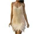 thumbnail image 1 of ZQGJB Cocktail Dresses for Women Sequin Feather Sleeveless Spaghetti Straps Backless Prom Party Club Dress Fashion Solid V Neck All-Over Fringe Sexy Bodycon Mini Dress #01-Beige L, 1 of 9