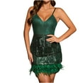 thumbnail image 1 of ZQGJB Cocktail Dresses for Women Sequin Feather Sleeveless Spaghetti Straps Backless Prom Party Club Dress Fashion Solid V Neck All-Over Fringe Sexy Bodycon Mini Dress #02-Green S, 1 of 8