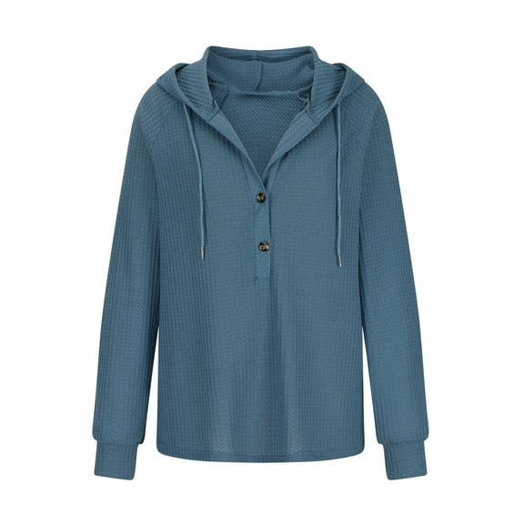 ZQGJB Lightweight Thin Jackets for Women Casual Drawstring Waffle Knitted Pullover Sweatshirt Long Sleeve Button V Neck Hooded Outwear Tops XXL