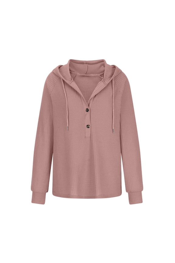 Lightweight Thin Jackets for Women Casual Drawstring Waffle Knitted Pullover Sweatshirt Long Sleeve Button V Neck Hooded Outwear Tops M