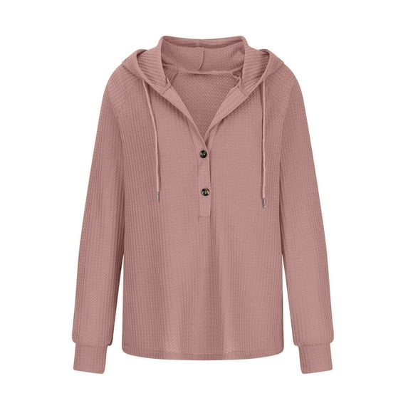 ZQGJB Lightweight Thin Jackets for Women Casual Drawstring Waffle Knitted Pullover Sweatshirt Long Sleeve Button V Neck Hooded Outwear Tops XL