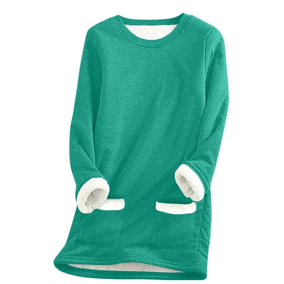 ZQGJB Savings Clearance Warm Sherpa Lined Pullover Sweatshirt for Women Crewneck Solid Color Long Sleeve Fleece Blouse Winter Thick Velvet Loungewear Tops(Z#01-Green,XXL)