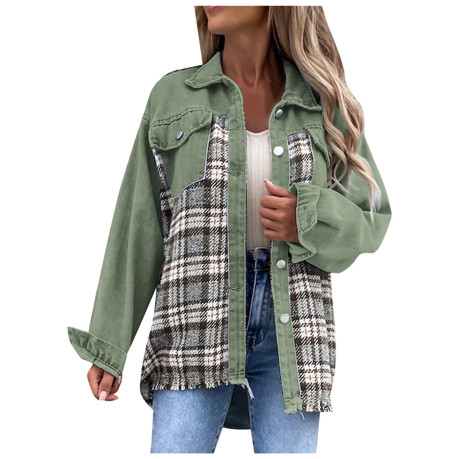 Jean jacket shop with plaid sleeves
