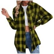 ZQGJB Savings Women's Fall Winter Plaid Flannel Shacket Jacket Long Sleeve Lapel Button Down Shirt Loose Coat Outwear Tops with Pockets(Yellow,M)