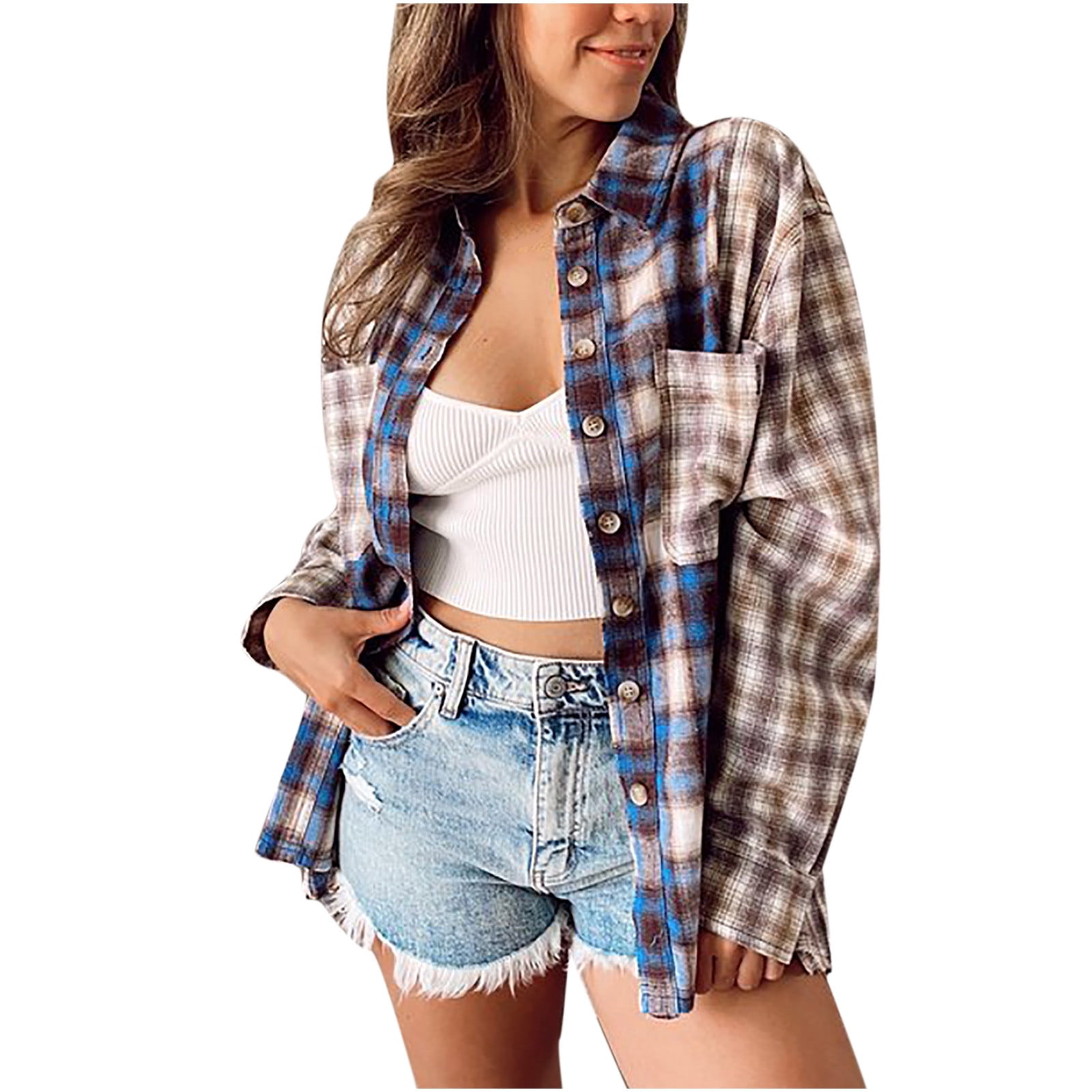 ZQGJB Savings Women's Flannel Button Down Shirt, Plaid TwoColor