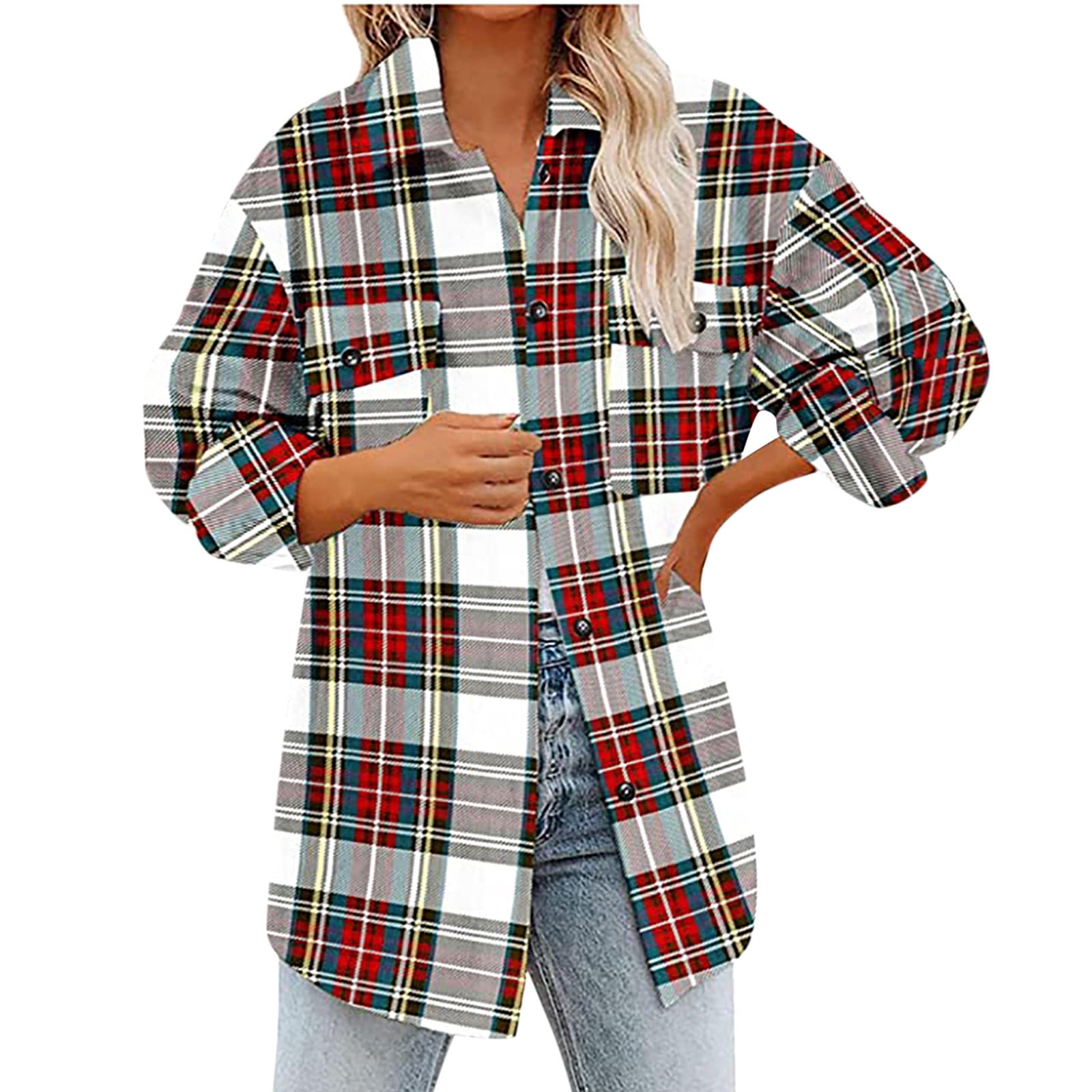 ZQGJB Savings Women's Oversized Flannel Plaid Button Down Shirts Long ...