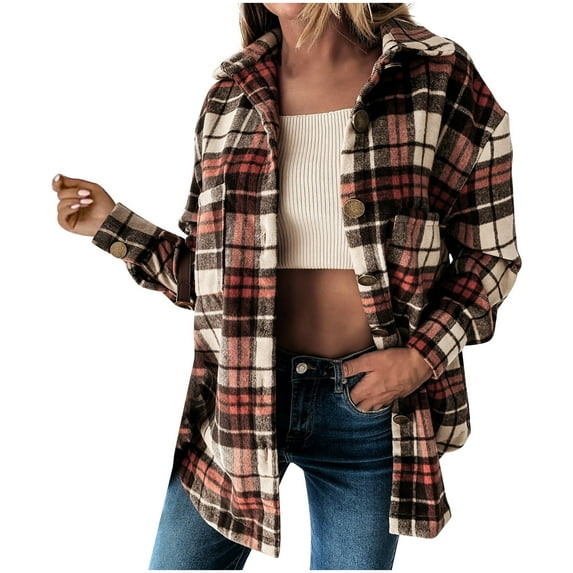 ZQGJB Womens Plaid Jacket Long Sleeve Lapel Button-Down Flannel Shirts Wool Blend Shacket Coat Casual Tops Outwear with Pocket(Brown,XL)