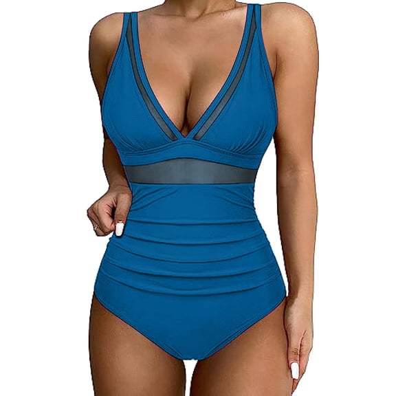 ZQGJB Sexy One Piece Swimsuits for Women High Waist Tummy Control Beach Swimwear Mesh Patchwork Halter Deep V Neck Push up Slimming Bathing Suit(Blue,L)