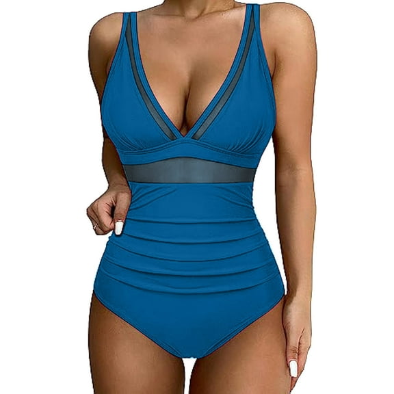 ZQGJB Sexy One Piece Swimsuits for Women High Waist Tummy Control Beach Swimwear Mesh Patchwork Halter Deep V Neck Push up Slimming Bathing Suit(Blue,S)