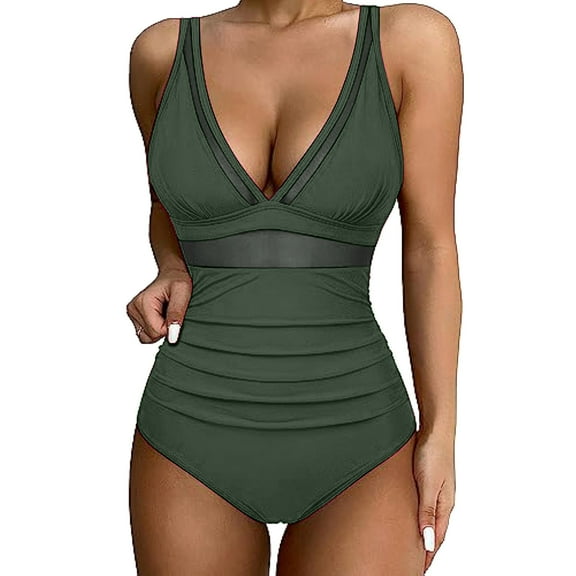 ZQGJB Sexy One Piece Swimsuits for Women High Waist Tummy Control Beach Swimwear Mesh Patchwork Halter Deep V Neck Push up Slimming Bathing Suit(Green,S)