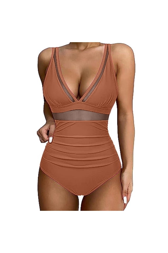 Sexy One Piece Swimsuits for Women High Waist Tummy Control Beach Swimwear Mesh Patchwork Halter Deep V Neck Push up Slimming Bathing Suit(Orange,XXL)