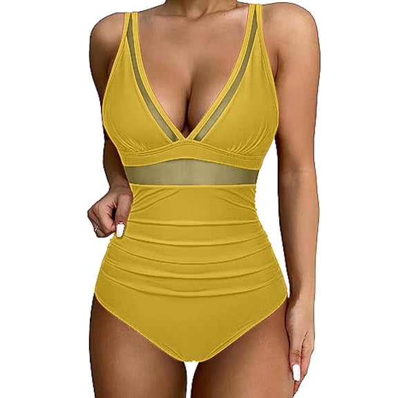 ZQGJB Sexy One Piece Swimsuits for Women High Waist Tummy Control Beach Swimwear Mesh Patchwork Halter Deep V Neck Push up Slimming Bathing Suit(Yellow,XXL)