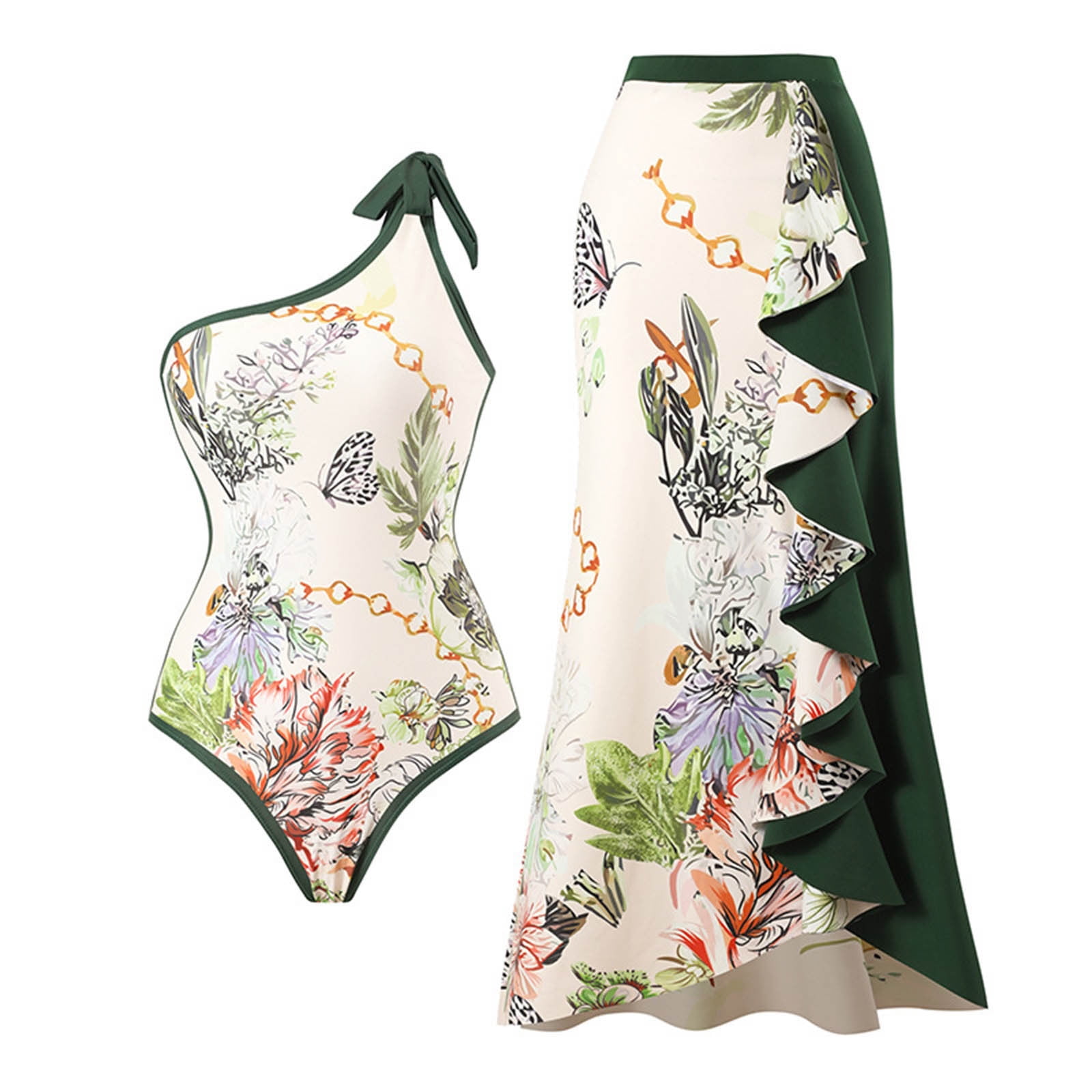 ZQGJB Sexy One Piece Tankini Swimsuit with Chiffon Wrap Around Long Skirt for Women Vintage Summer Floral Printed Tummy Control Bathing Suit 2 Piece Set #16-Green M