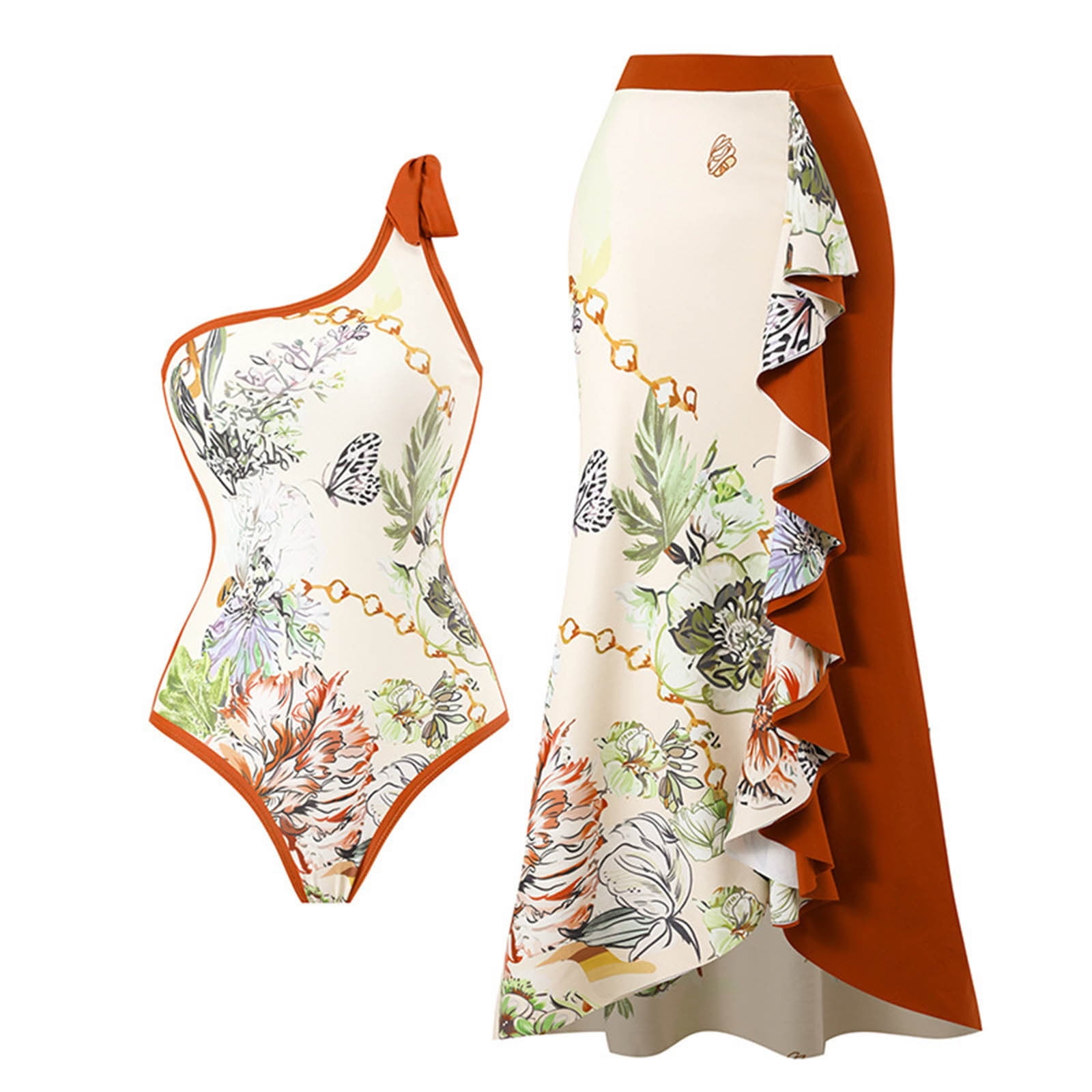 ZQGJB Sexy One Piece Tankini Swimsuit with Chiffon Wrap Around Long Skirt for Women Vintage Summer Floral Printed Tummy Control Bathing Suit 2 Piece Set #16-Orange L