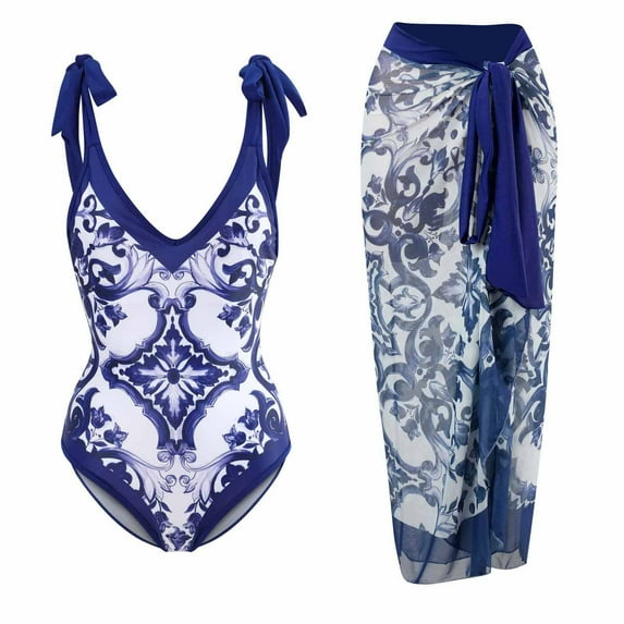 ZQGJB Sexy One Piece Tankini Swimsuit with Chiffon Wrap Around Long Skirt for Women Vintage Summer Floral Printed Tummy Control Bathing Suit 2 Piece Set(Blue,XL)