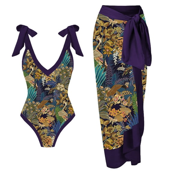 ZQGJB Sexy One Piece Tankini Swimsuit with Chiffon Wrap Around Long Skirt for Women Vintage Summer Floral Printed Tummy Control Bathing Suit 2 Piece Set Z05-Purple XL