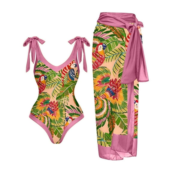 ZQGJB Sexy One Piece Tankini Swimsuit with Chiffon Wrap Around Long Skirt for Women Vintage Summer Floral Printed Tummy Control Bathing Suit 2 Piece Set Z06-Pink XXL