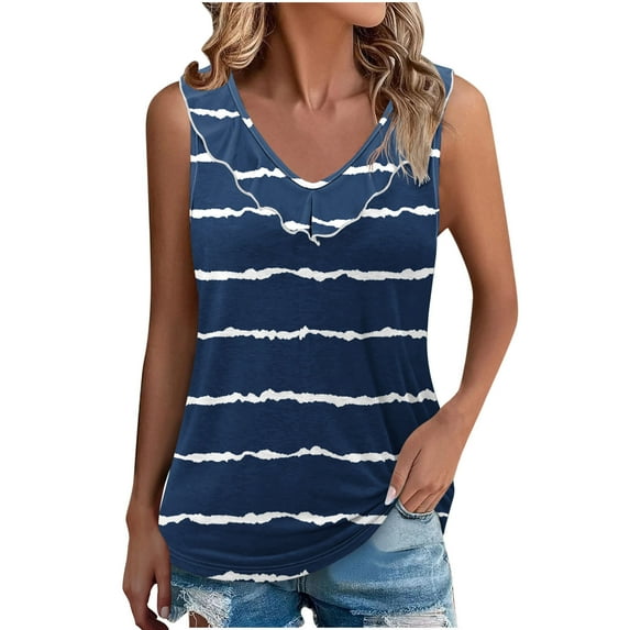 ZQGJB Sexy Ruffled Trim V Neck Tank Tops for Women Casual Striped Color Block Print Summer Sleeveless Tunic Blouse Loose Fit Dressy Shirts Navy XL