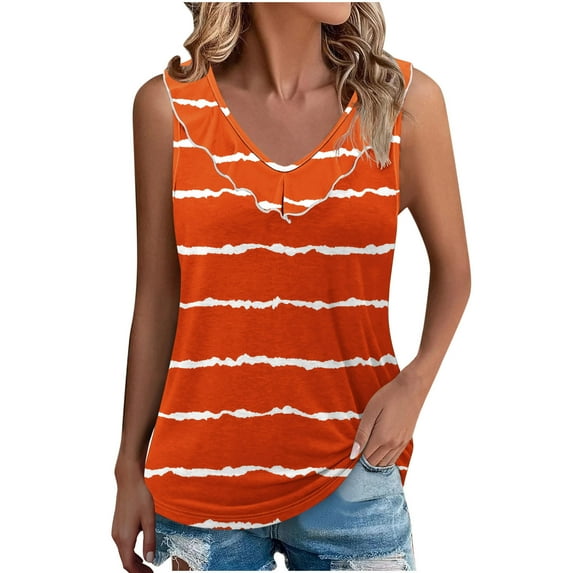 ZQGJB Sexy Ruffled Trim V Neck Tank Tops for Women Casual Striped Color Block Print Summer Sleeveless Tunic Blouse Loose Fit Dressy Shirts Orange XXL