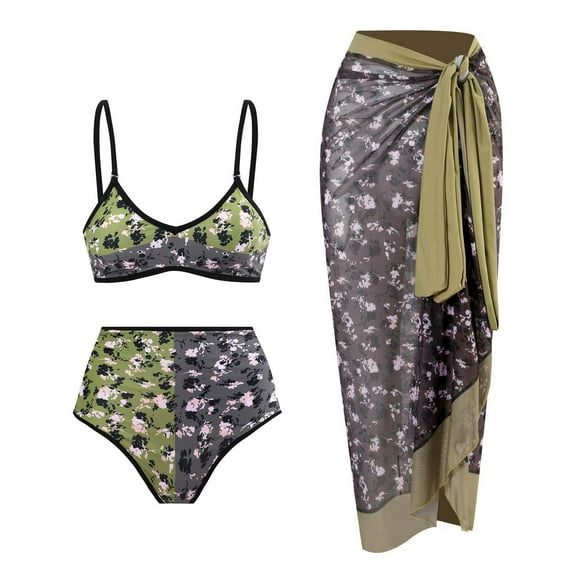 ZQGJB Sexy Two Piece Tankini Swimsuit with Chiffon Wrap Around Long Skirt for Women Vintage Summer Floral Printed Tummy Control Bathing Suit 3 Piece Set #12-Green L