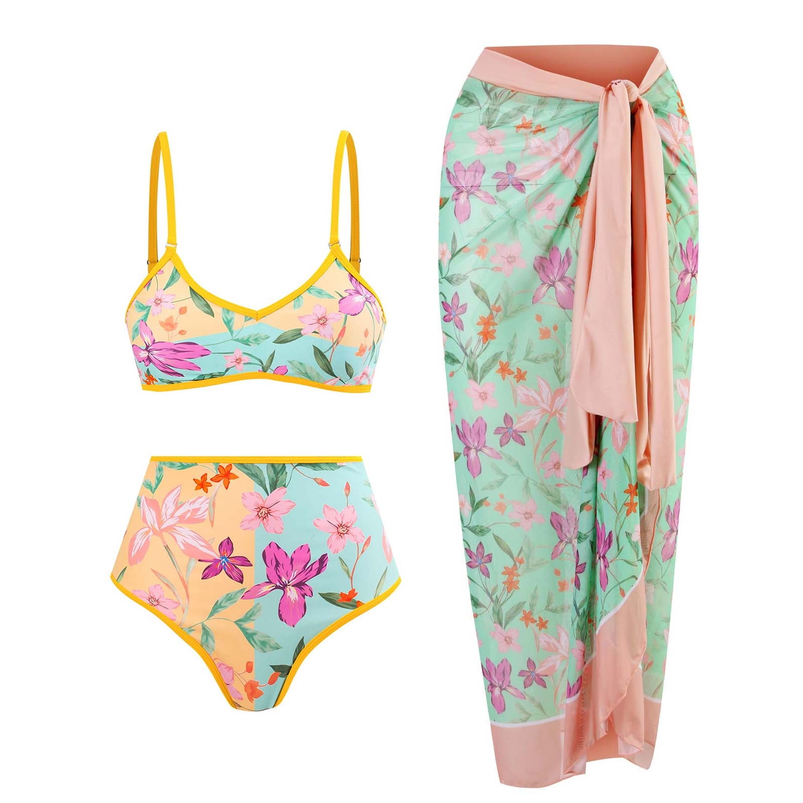 ZQGJB Sexy Two Piece Tankini Swimsuit with Chiffon Wrap Around Long Skirt for Women Vintage Summer Floral Printed Tummy Control Bathing Suit 3 Piece Set #12-Yellow L