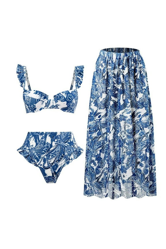 Womens Sexy Swimsuit with Long Chiffon Skirt Two Piece Set Summer Ruched Bikini Set Tummy Control Bathing Suit Beachwear Dress Coverups(Z15-Blue,XL)