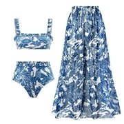ZQGJB Sexy Two Piece Tankini Swimsuit with Chiffon Wrap Around Long Skirt for Women Vintage Summer Floral Printed Tummy Control Bathing Suit 3 Piece Set #15-Dark Blue L