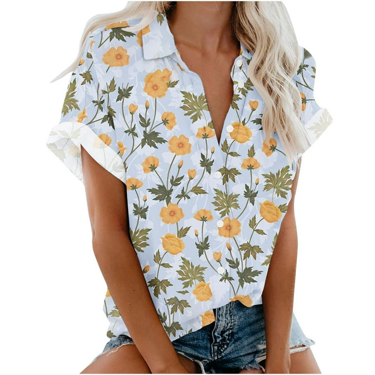 ZQGJB Short Sleeve Shirts for Women Button Down Floral Printed Lapel V Neck  T-Shirts Trendy Beach Holiday Tees Relaxed Fitted Summer Hawaiian Shirts  Z14-Green XL 