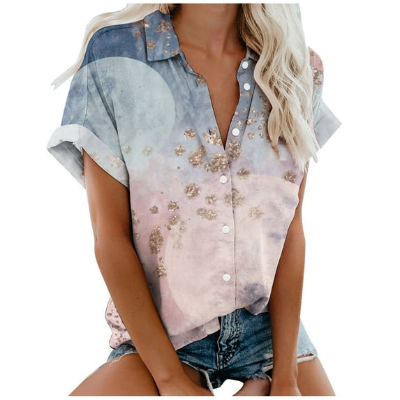 ZQGJB Short Sleeve Shirts for Women Button Down Floral Printed Lapel V Neck T-Shirts Trendy Beach Holiday Tees Relaxed Fitted Summer Hawaiian Shirts Gray S