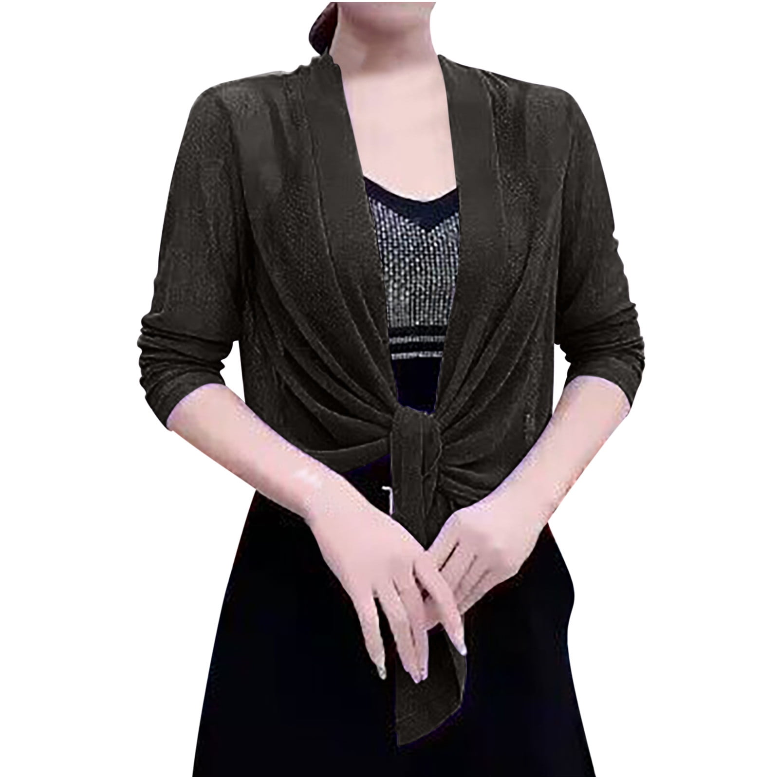 ZQGJB Shrugs for Women Bolero Shrug Long Sleeve Sheer Chiffon Tie Front Cardigan Trendy Solid Color Open Front Cardigans for Evening Dress Black