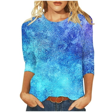 ZQGJB Sparkly Print Tops for Women Casual Summer 3/4 Lenght Sleeve Rund Neck Graphic T-Shirts Loose Lightweight Comfy Tunic Blouse Multicolor#17 L